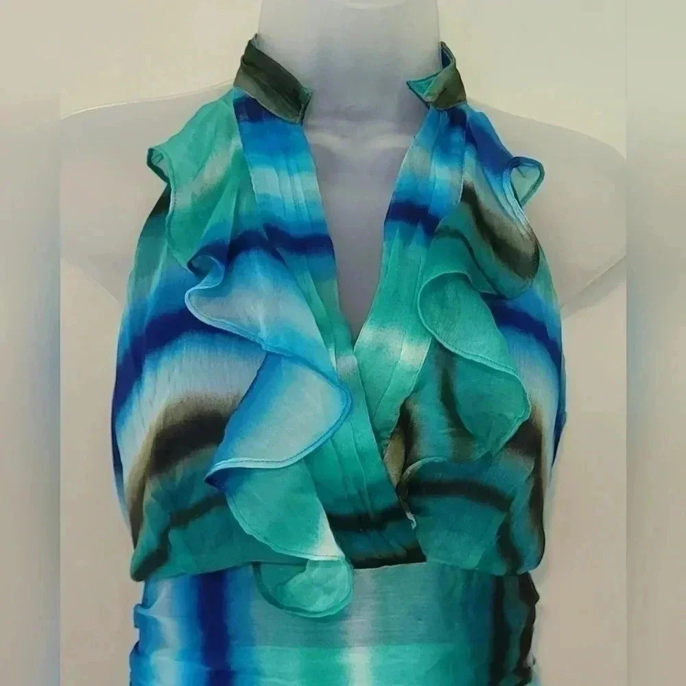 VTG 1990s The Limited Blue Green Mandarin V-Neck Sheath Dress Women's Size 4 - Picture 3 of 16